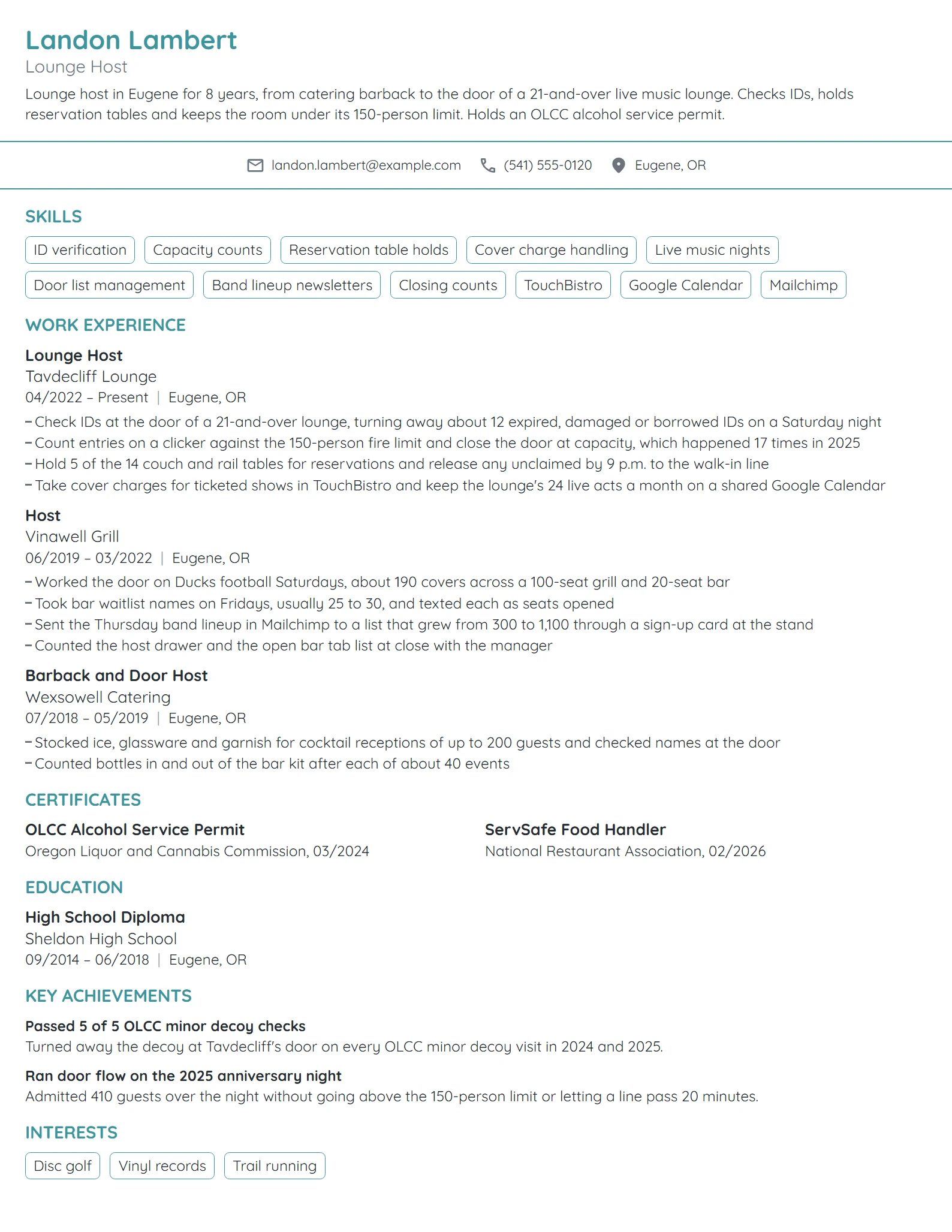 Lounge Host resume example