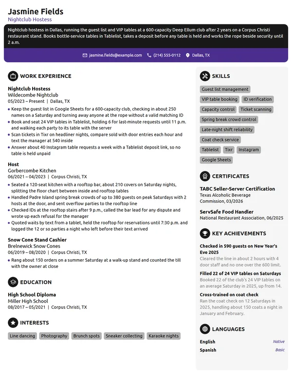 Nightclub Hostess resume example