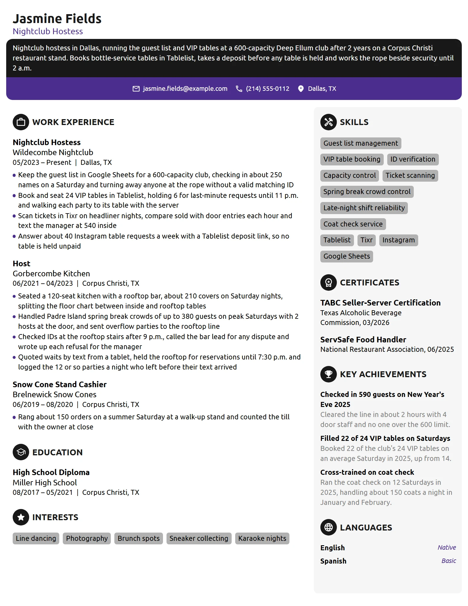 Nightclub Hostess resume example