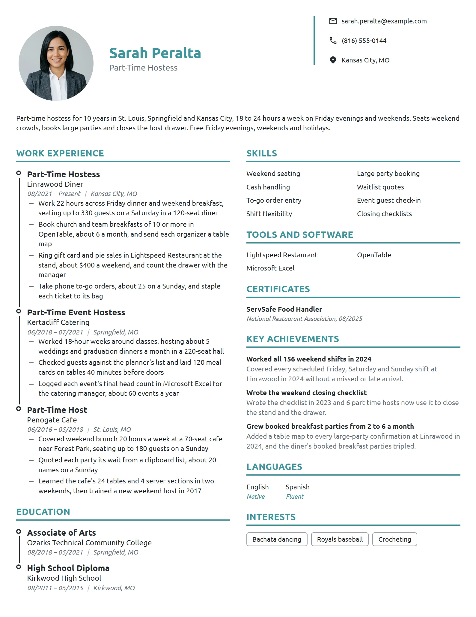 Part-Time Hostess resume example