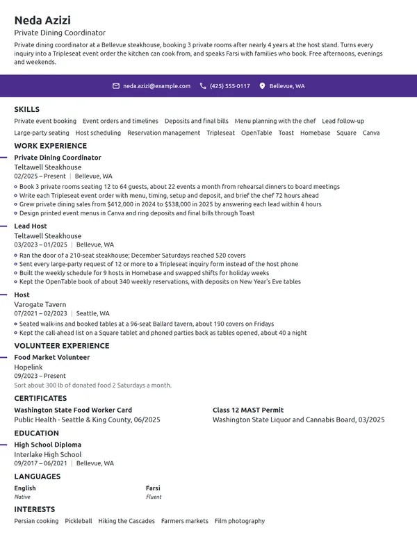 Private Dining Coordinator resume example