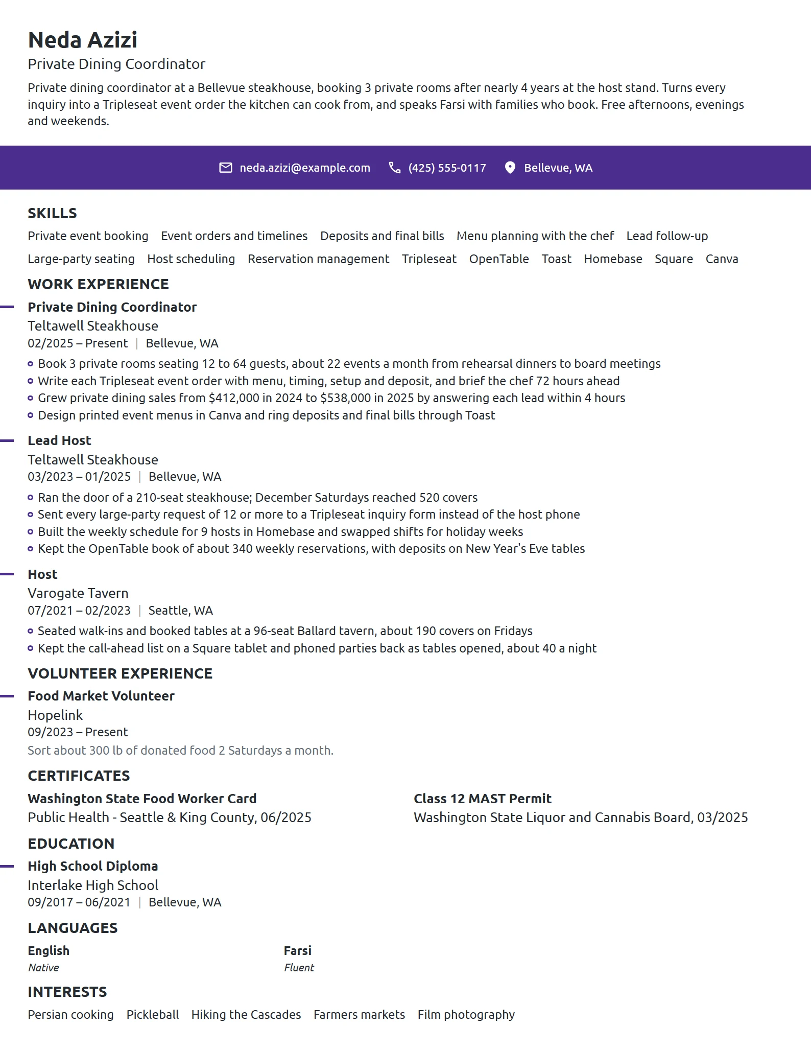 Private Dining Coordinator resume example