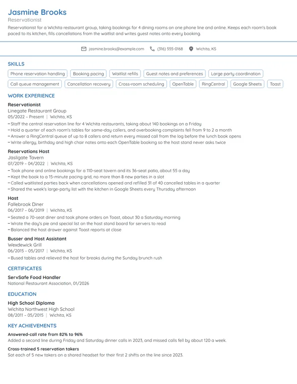 Reservationist resume example