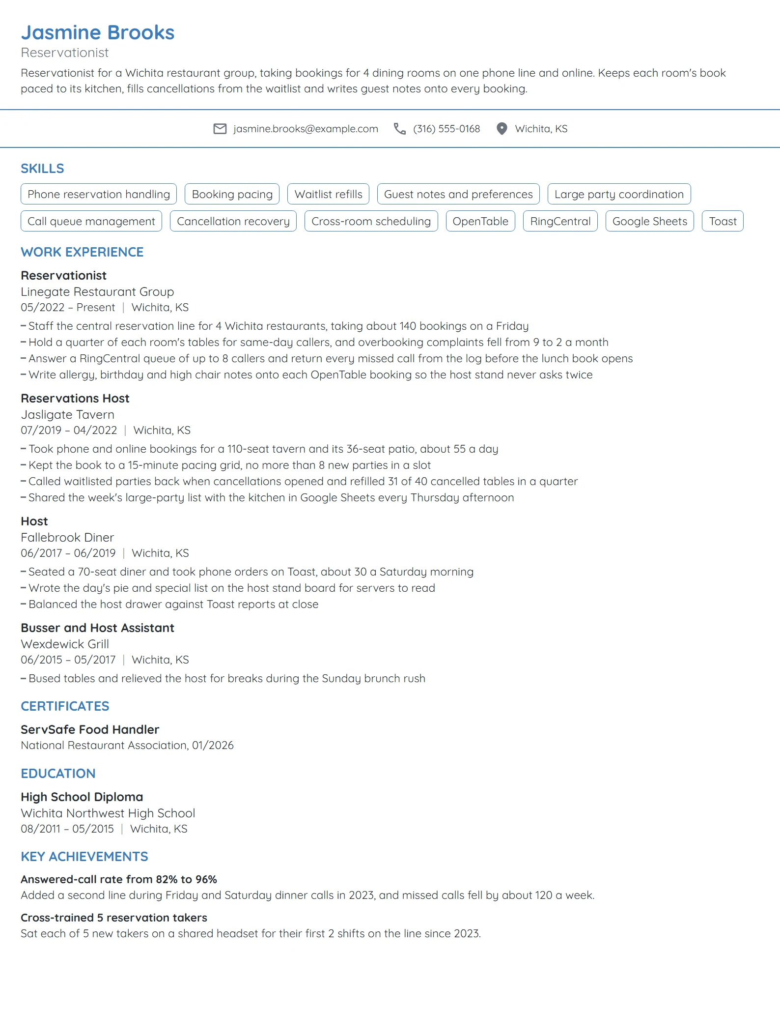 Reservationist resume example
