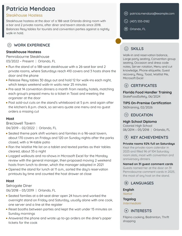 Steakhouse Hostess resume example