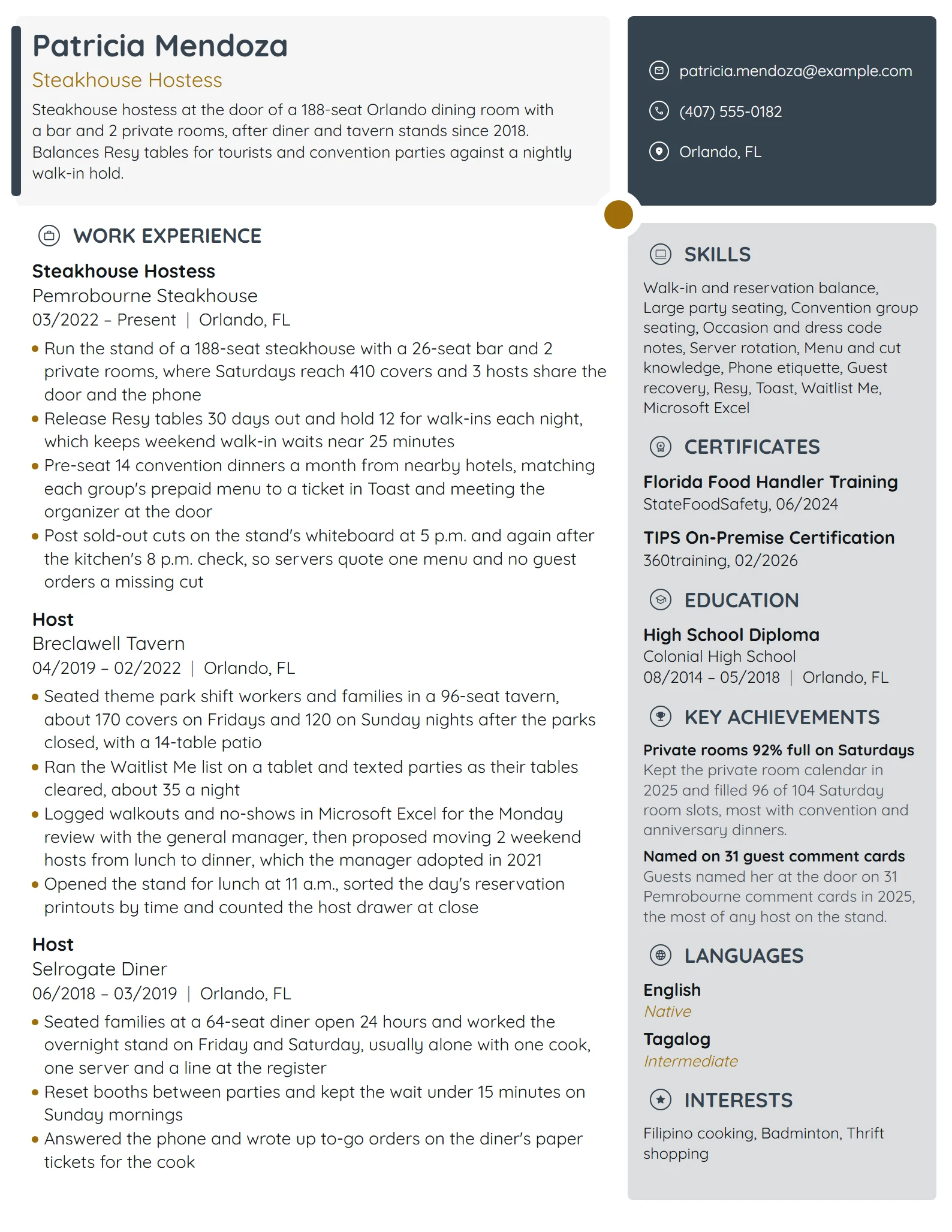 Steakhouse Hostess resume example