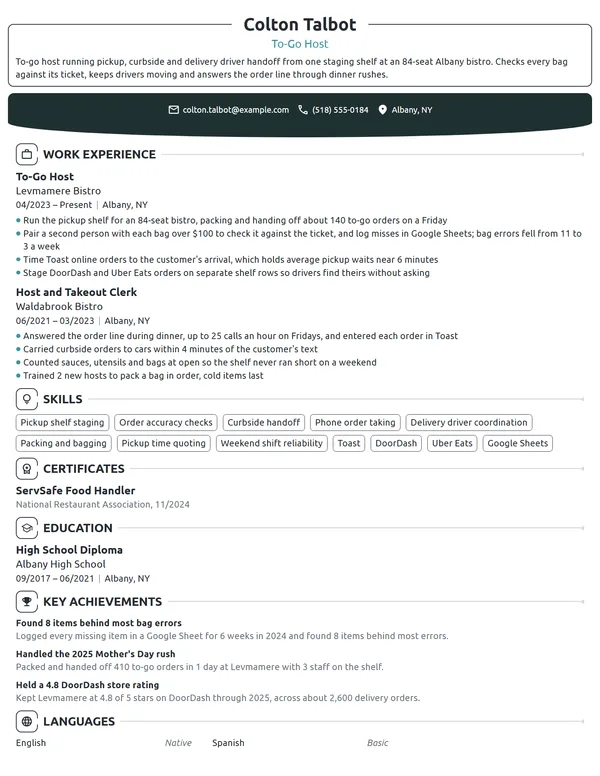 To-Go Host resume example