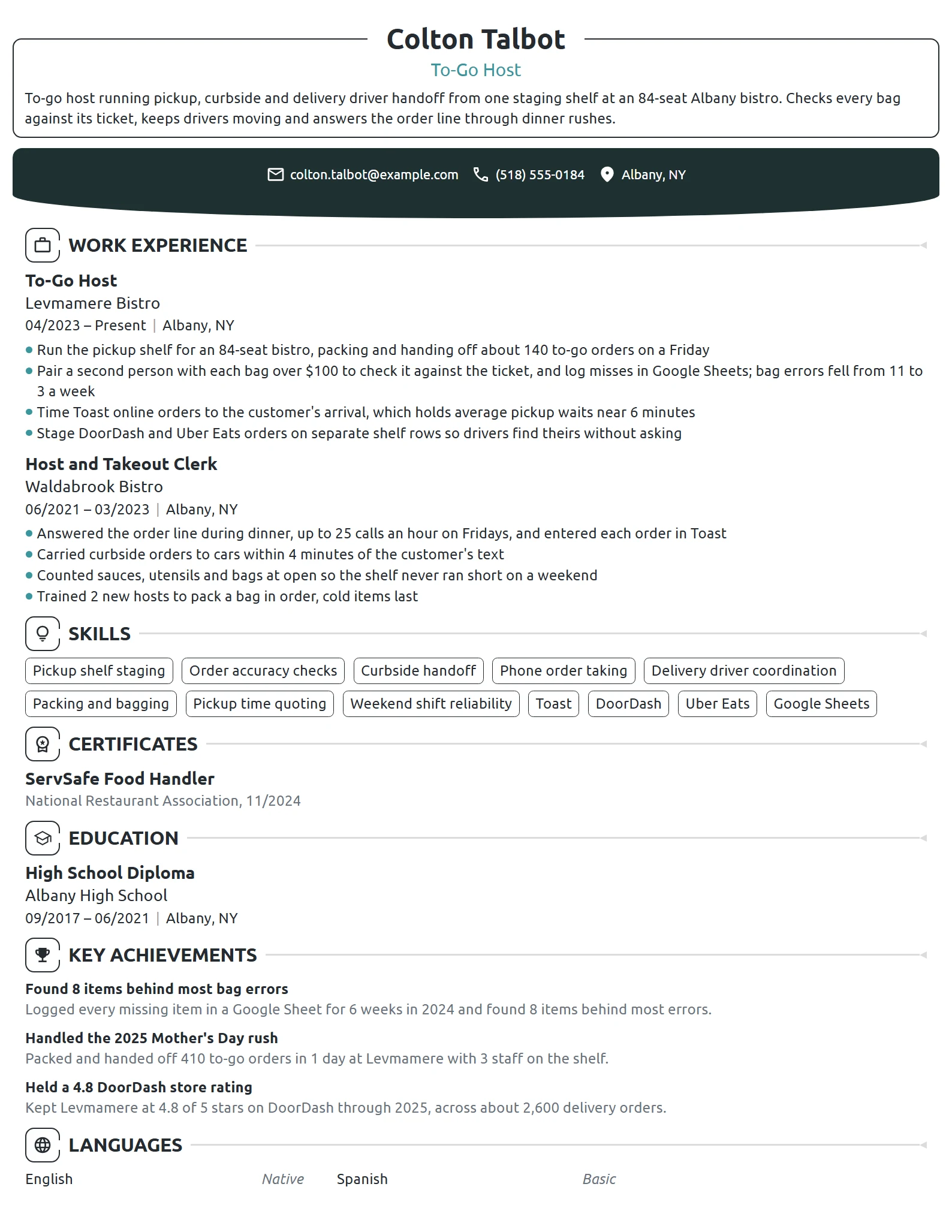 To-Go Host resume example