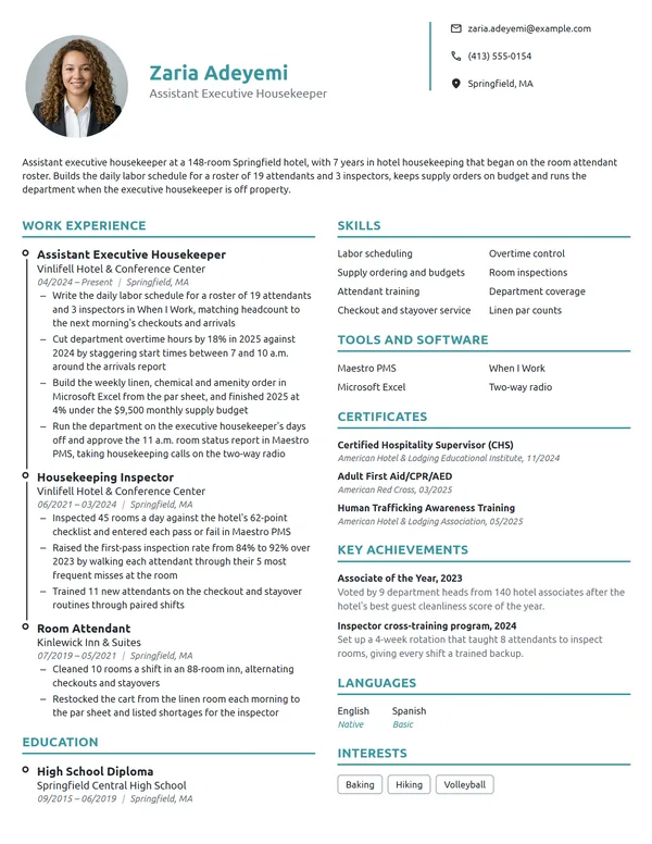 Assistant Executive Housekeeper resume example