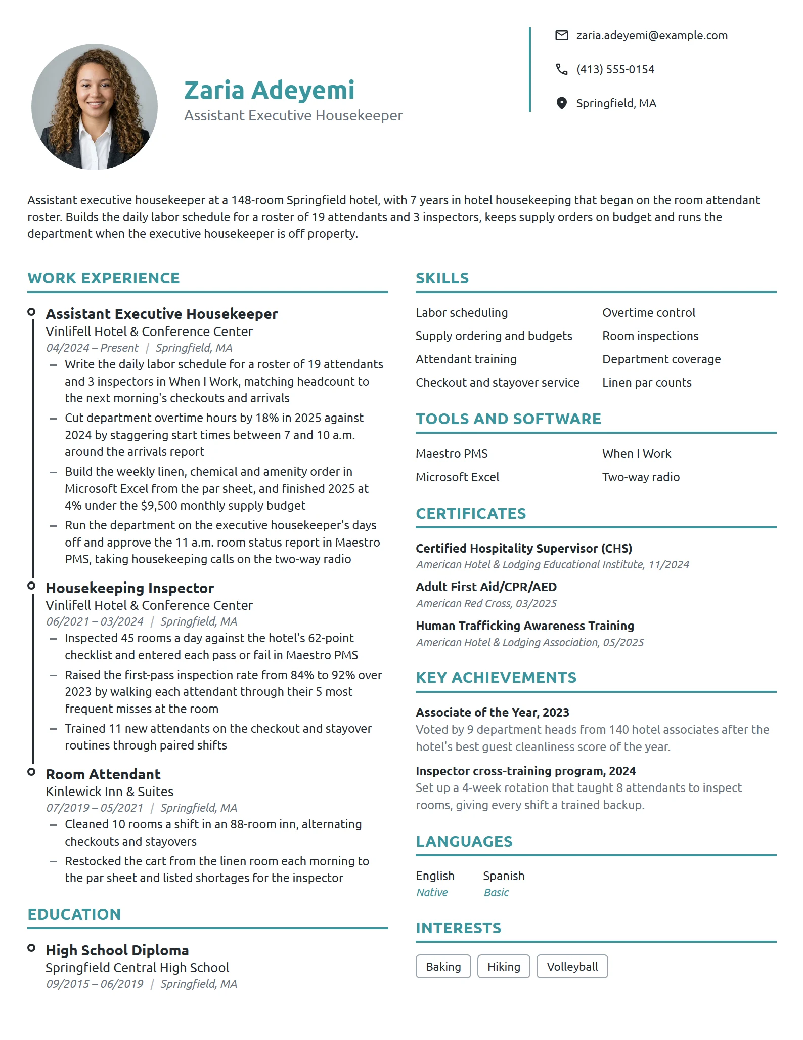 Assistant Executive Housekeeper resume example