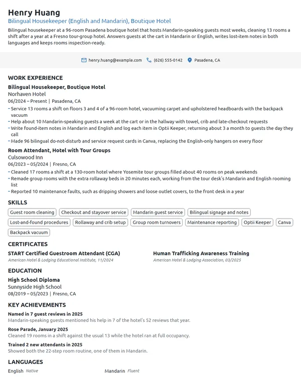 Bilingual Housekeeper resume example