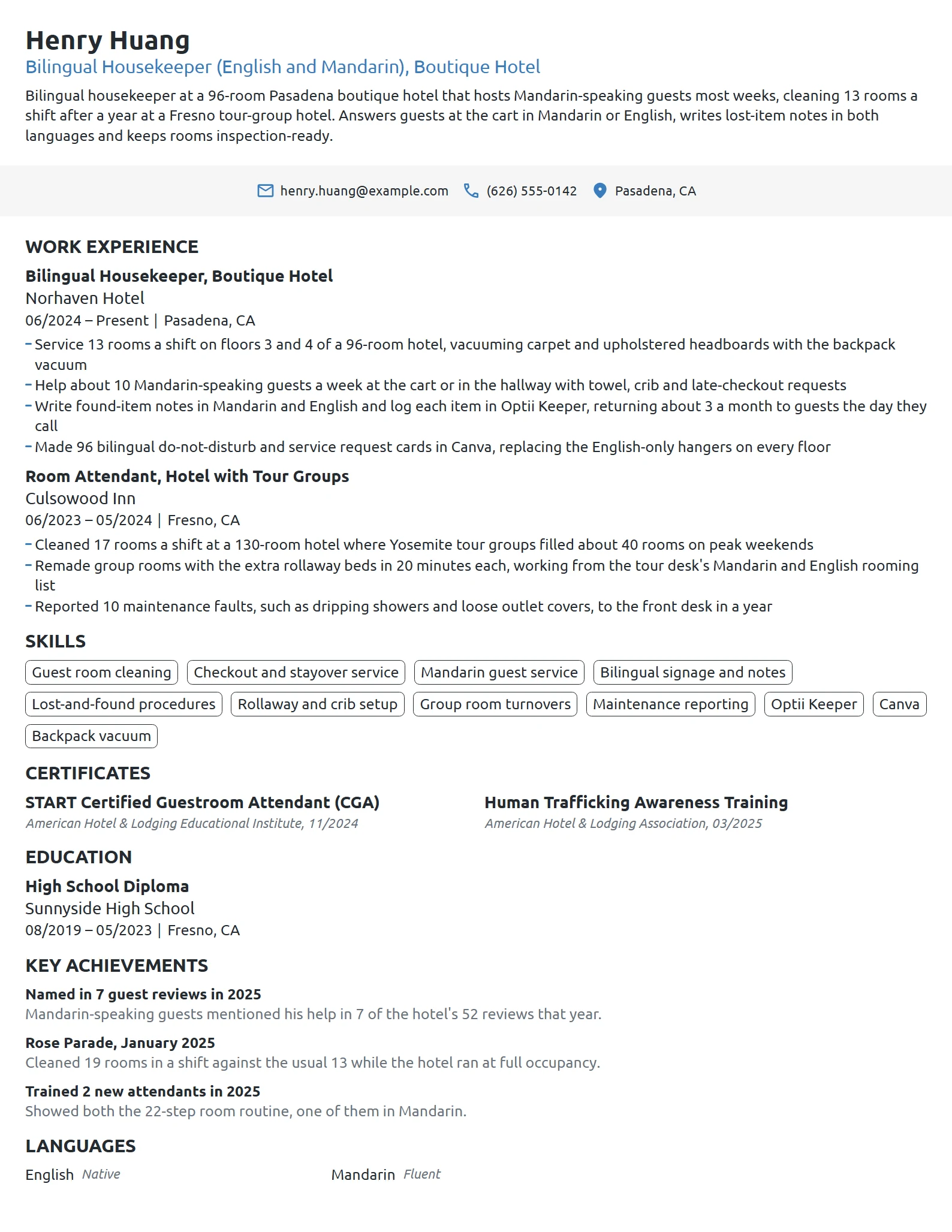 Bilingual Housekeeper resume example