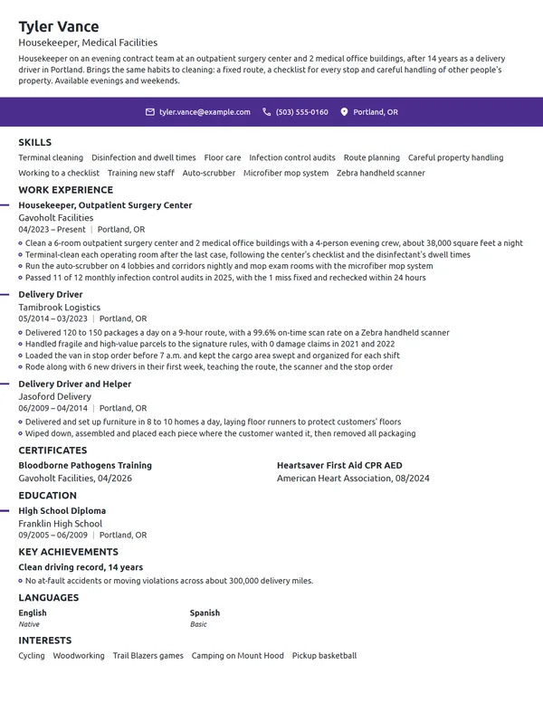 Career Change Housekeeper resume example