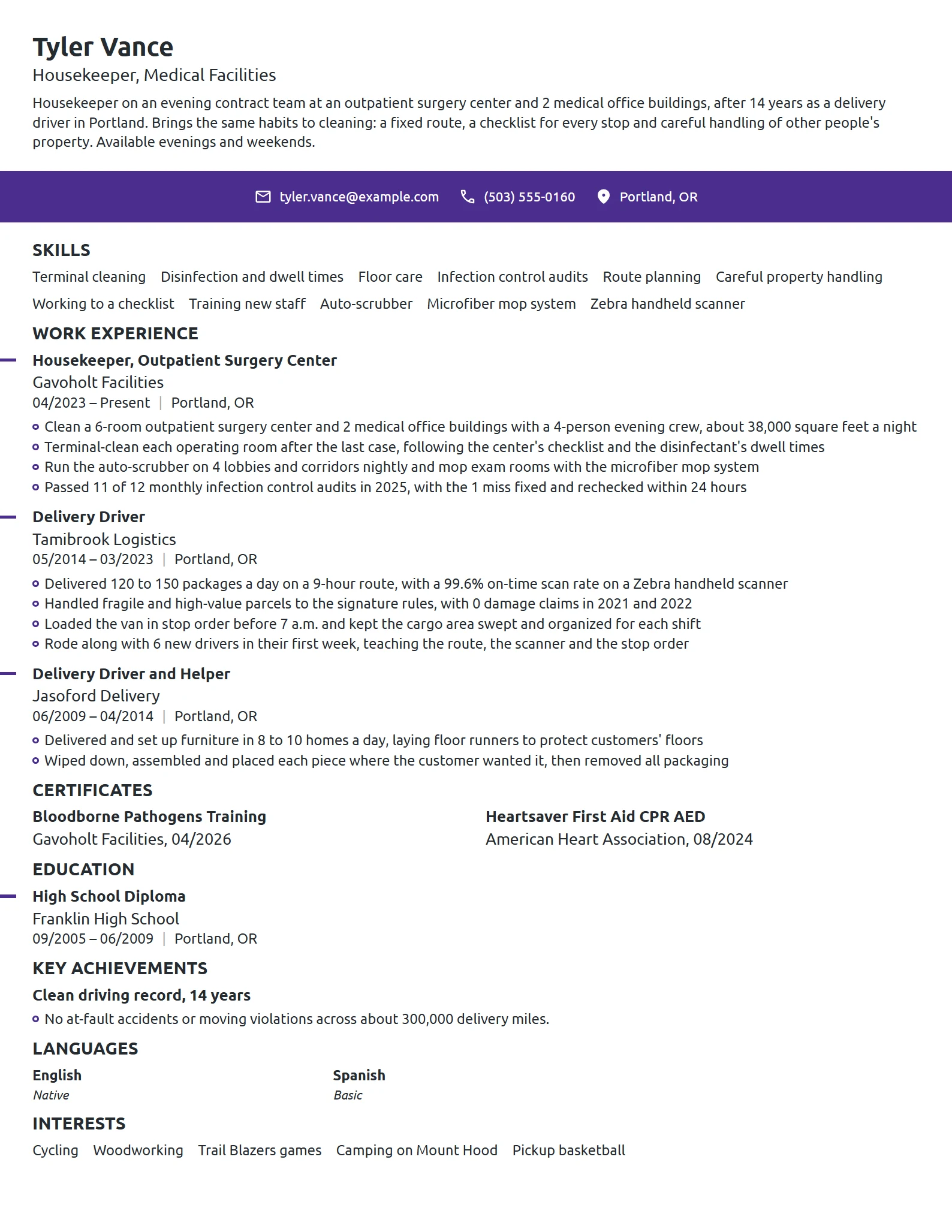 Career Change Housekeeper resume example