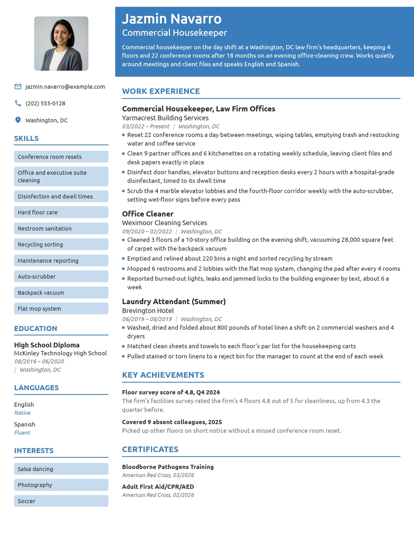Commercial Housekeeper resume example