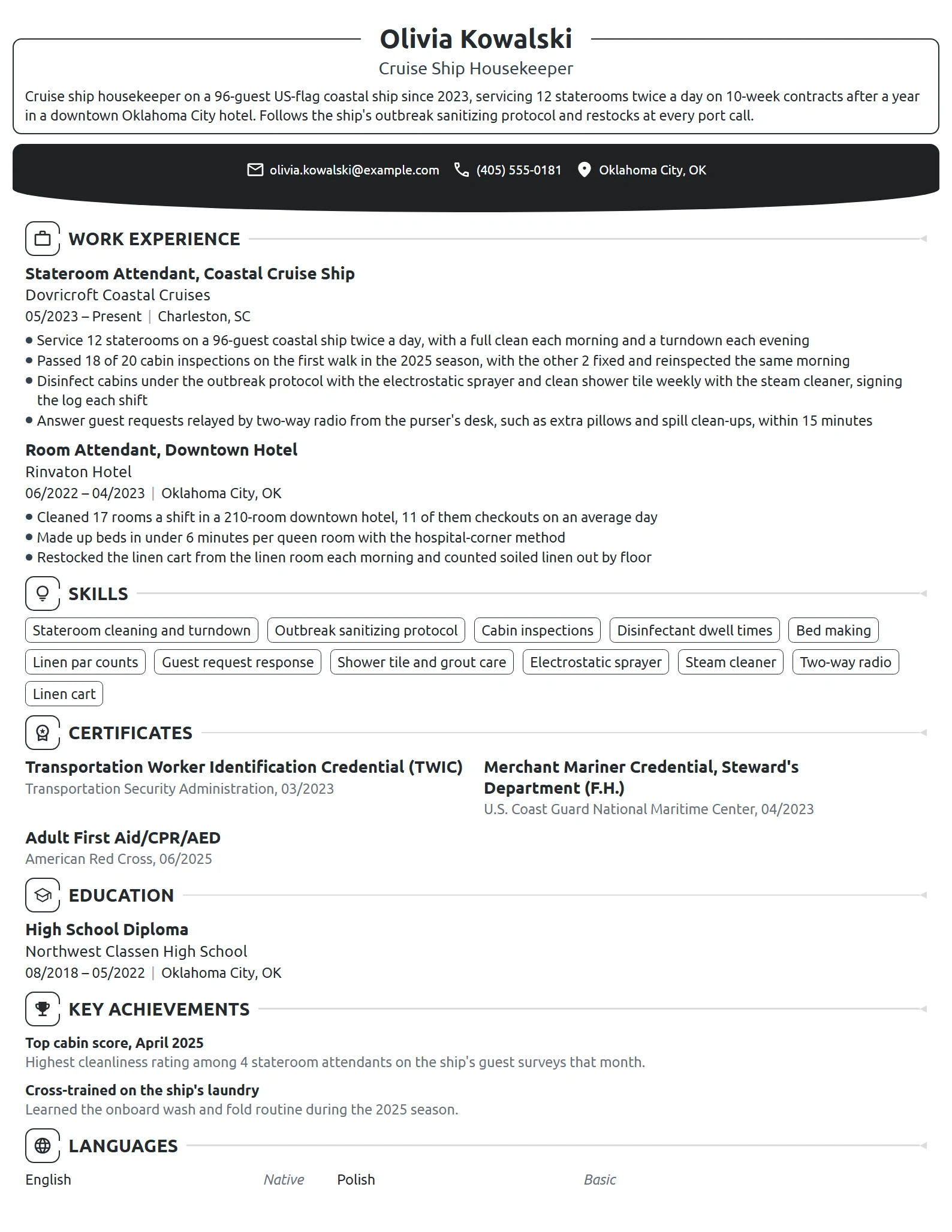 Cruise Ship Housekeeper resume example