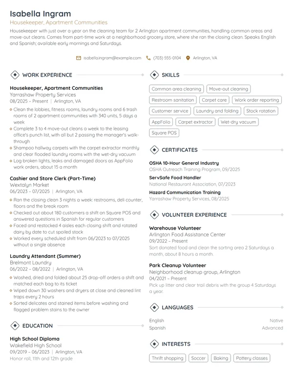 Entry-Level Housekeeper resume example