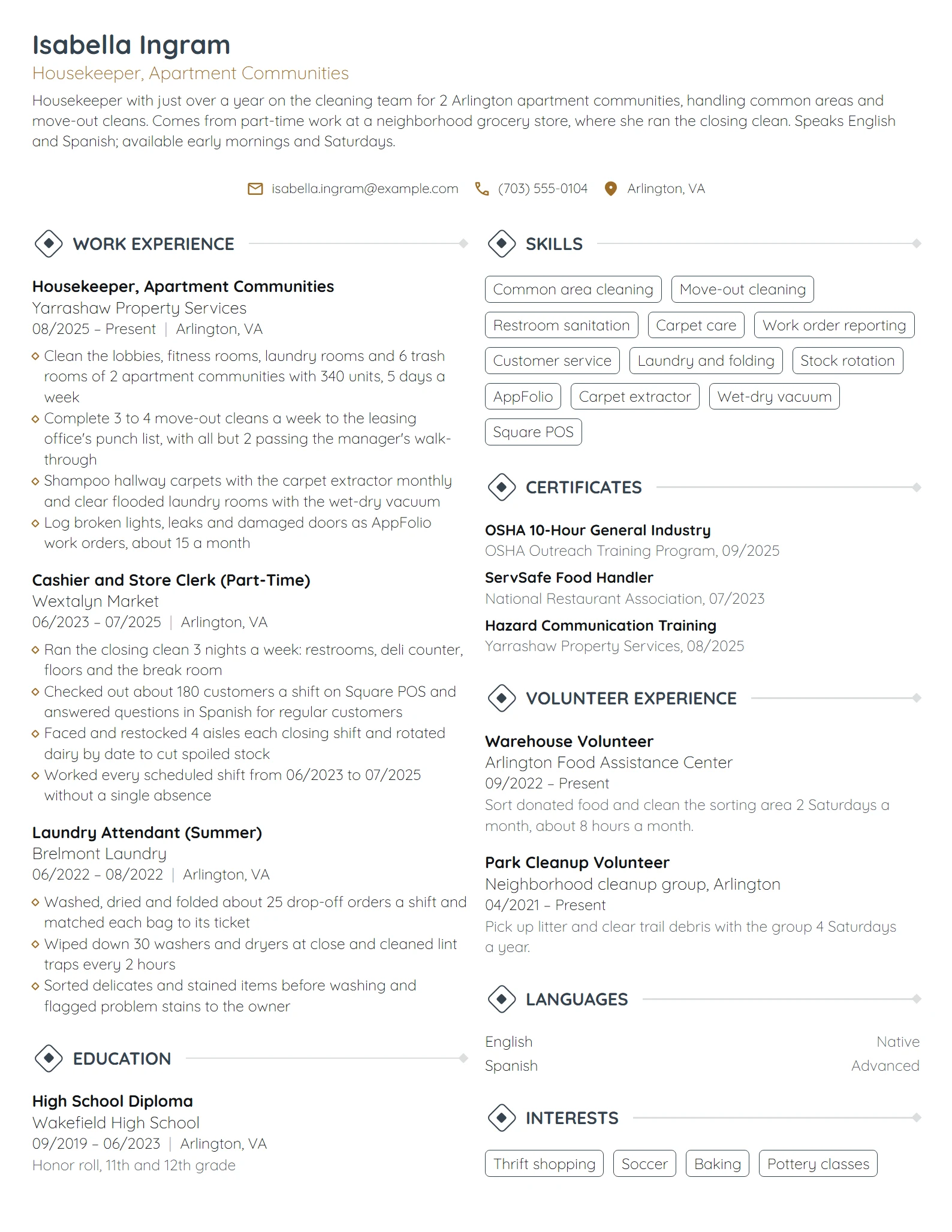 Entry-Level Housekeeper resume example