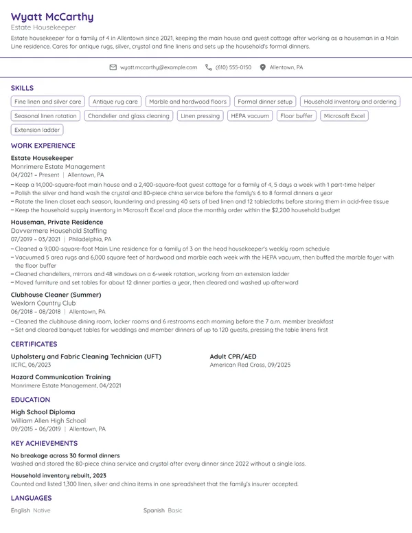 Estate Housekeeper resume example