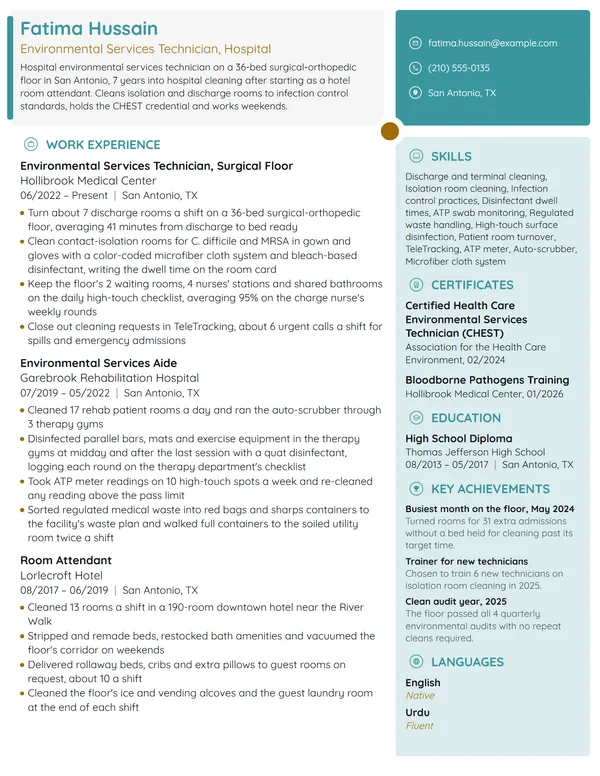 Hospital Housekeeper resume example