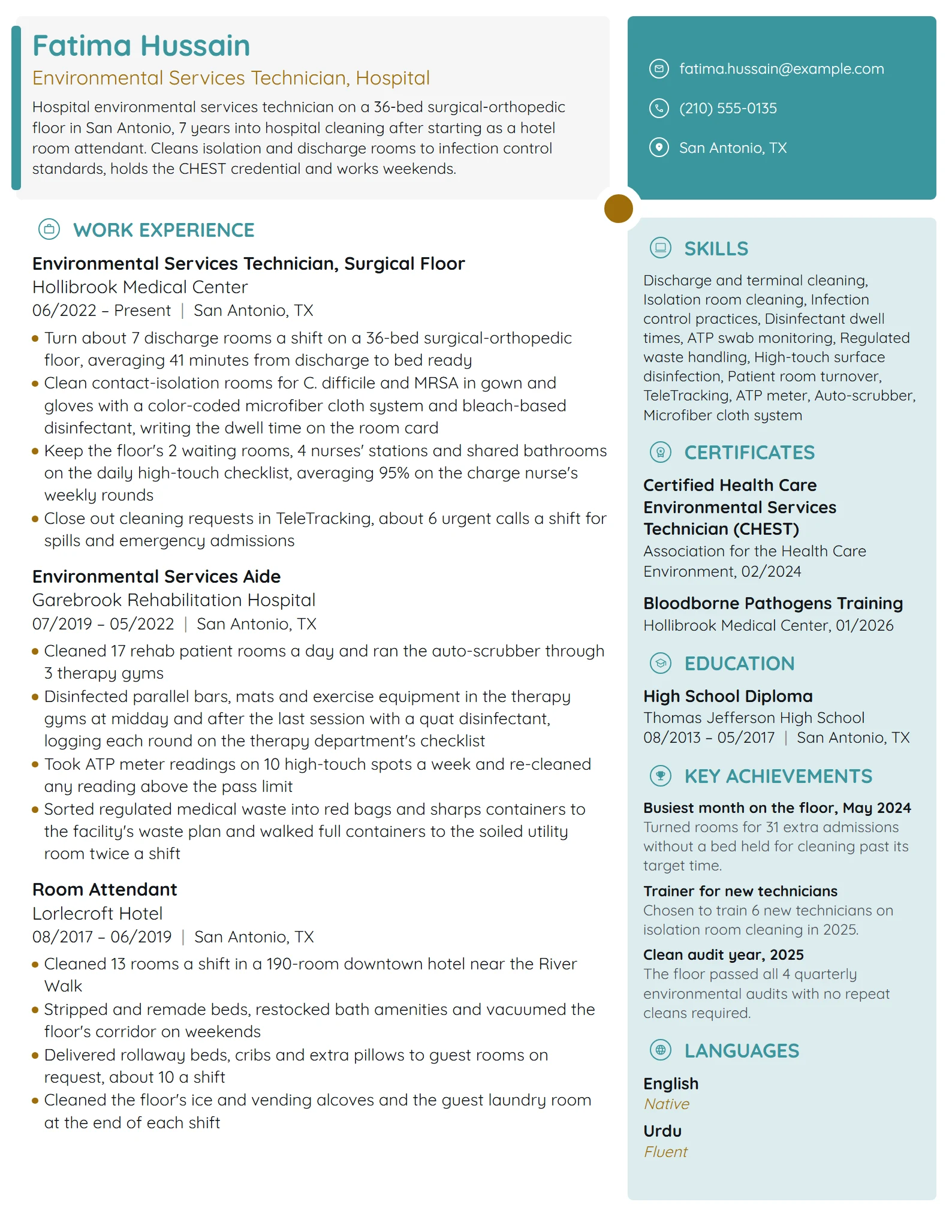Hospital Housekeeper resume example