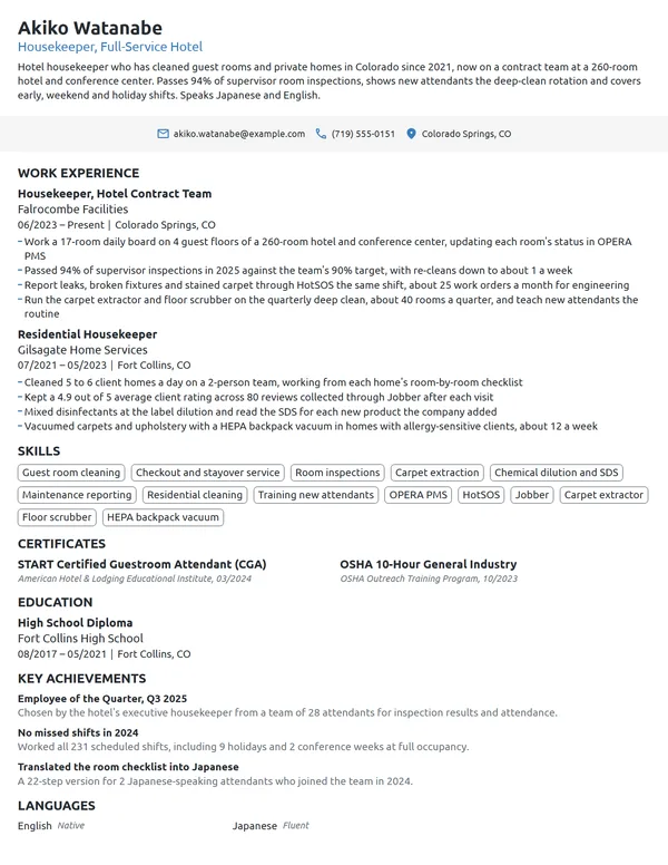 Housekeeper resume example