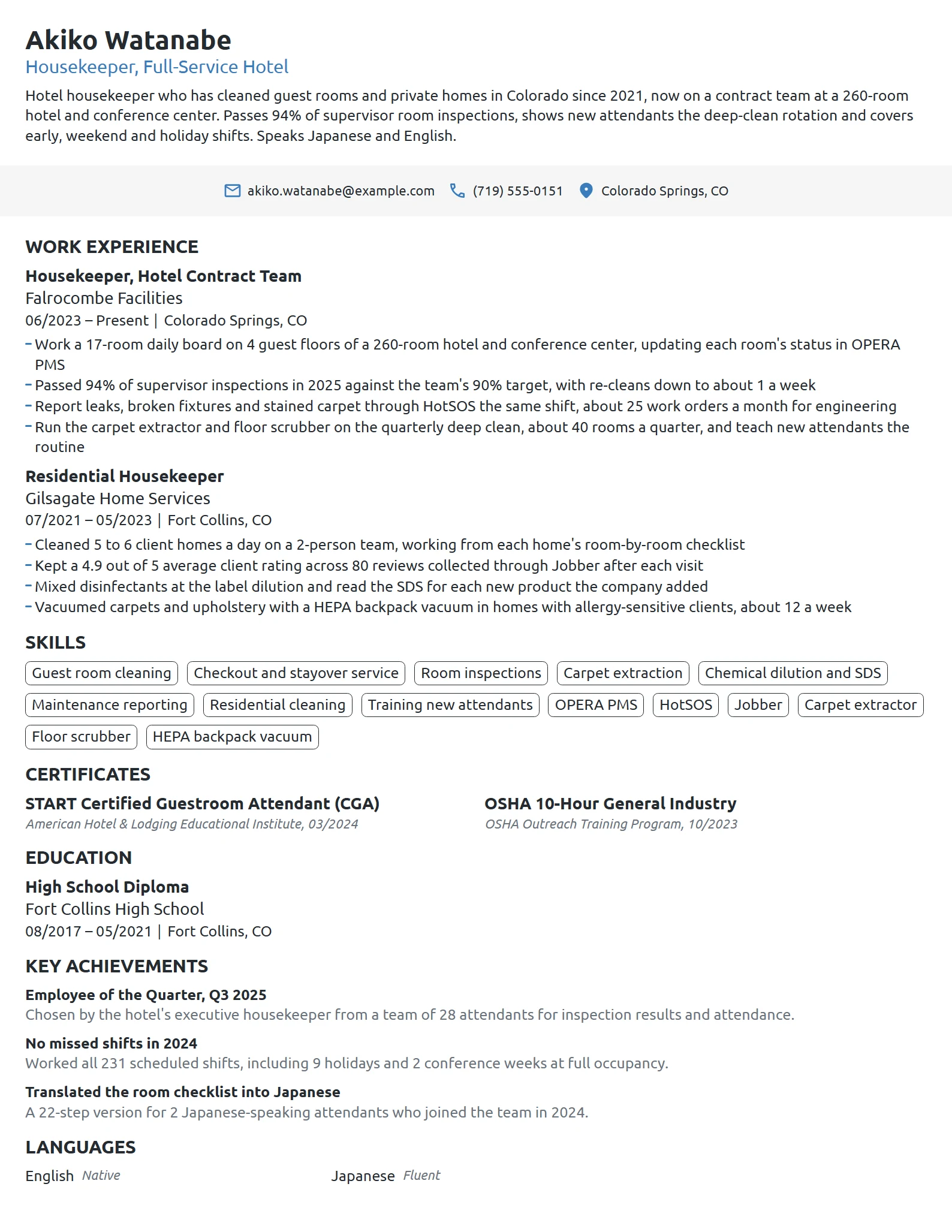 Housekeeper resume example