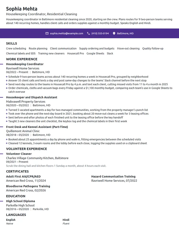 Housekeeping Coordinator resume example
