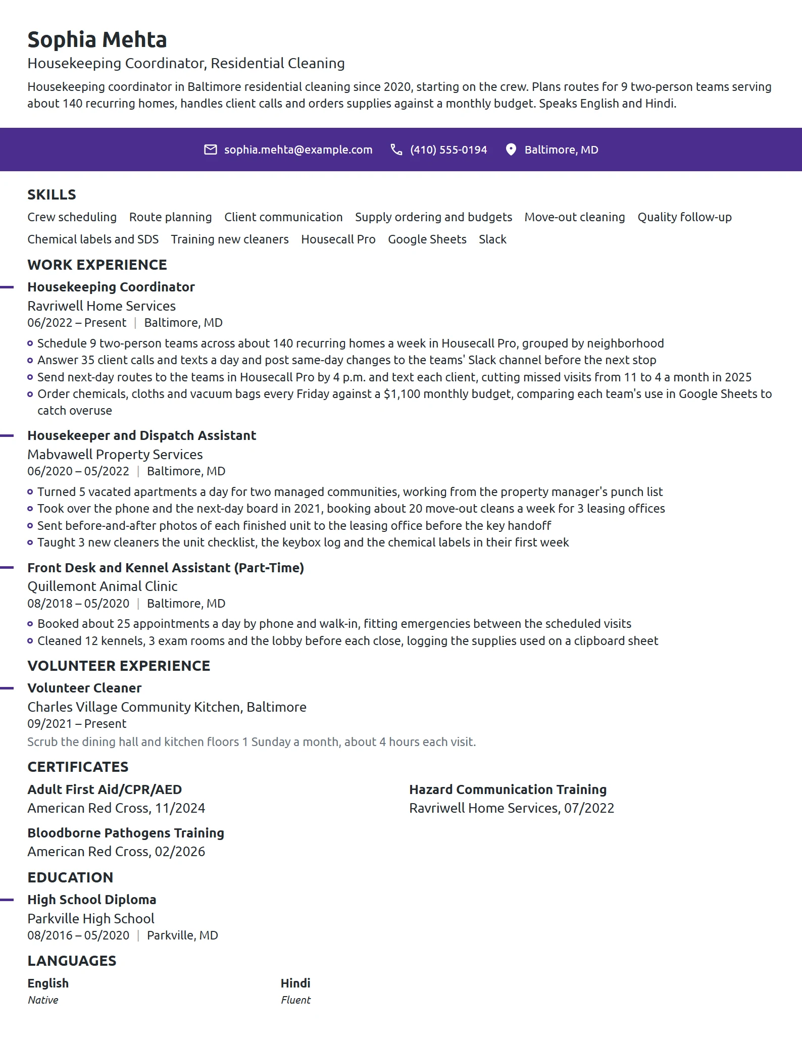 Housekeeping Coordinator resume example