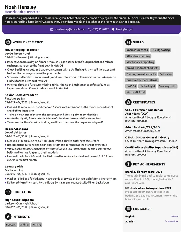 Housekeeping Inspector resume example