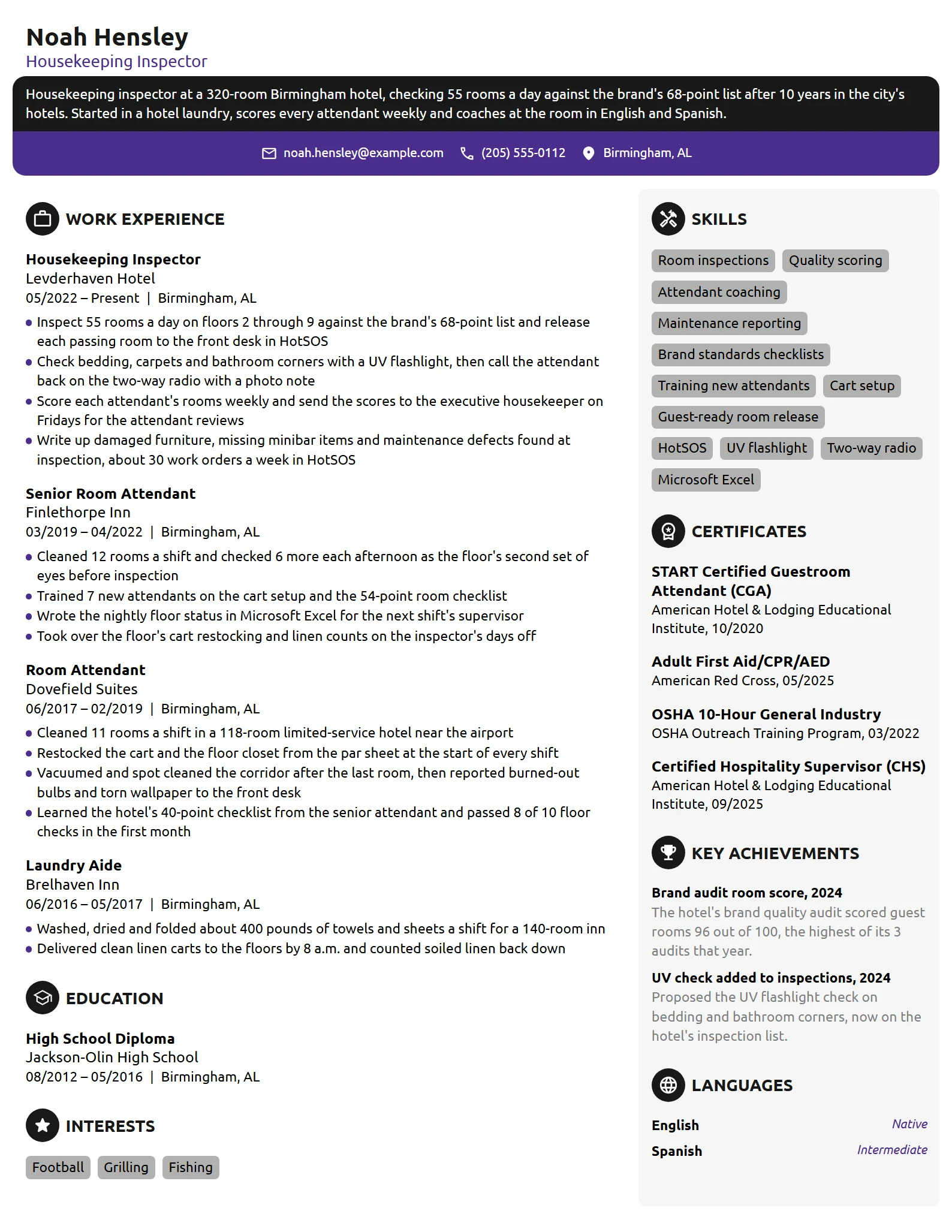 Housekeeping Inspector resume example