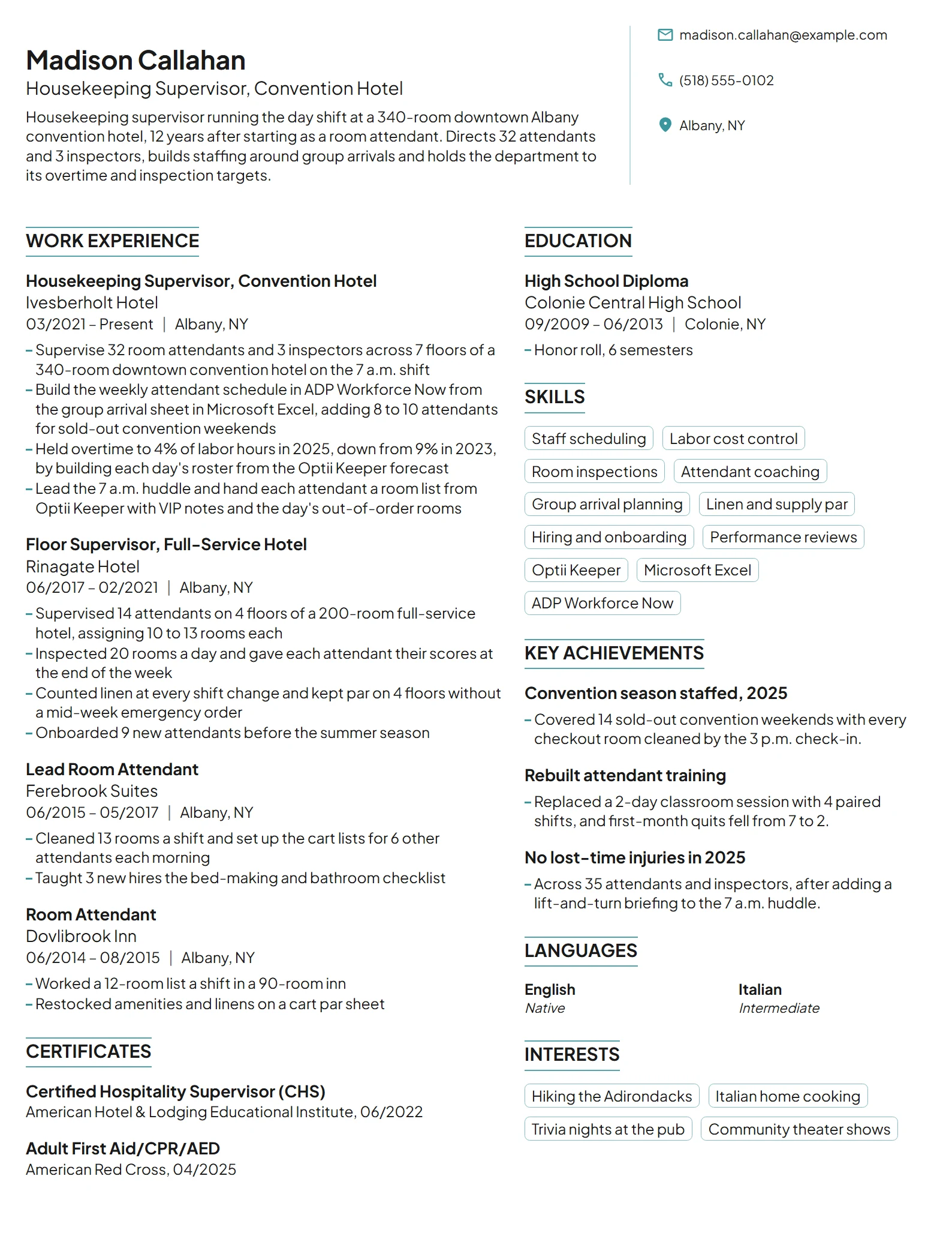 Housekeeping Supervisor resume example