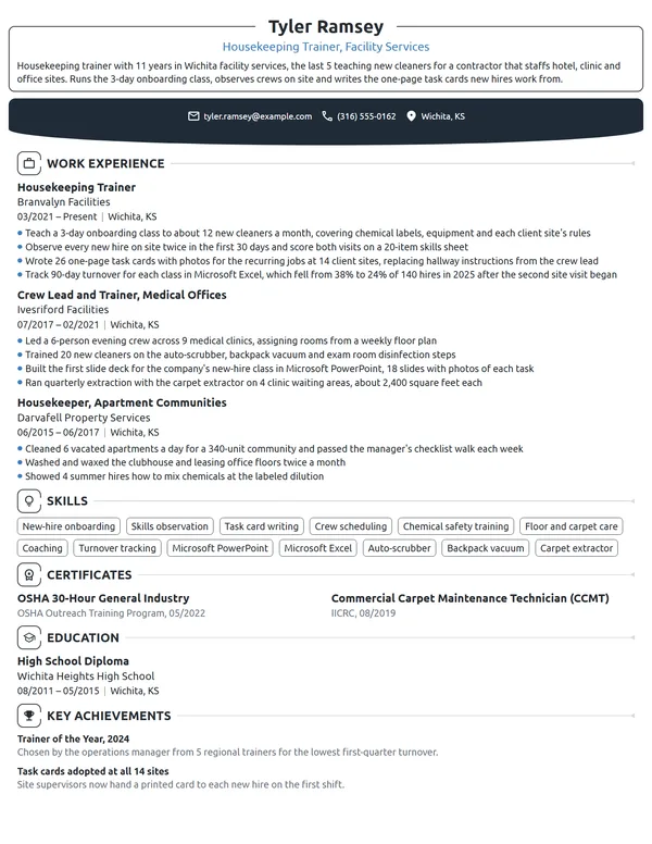 Housekeeping Trainer resume example