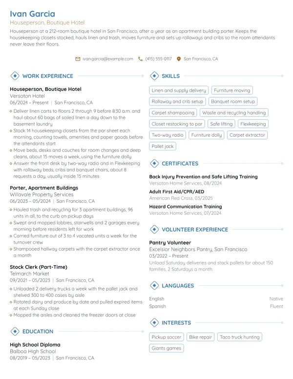 Houseperson resume example