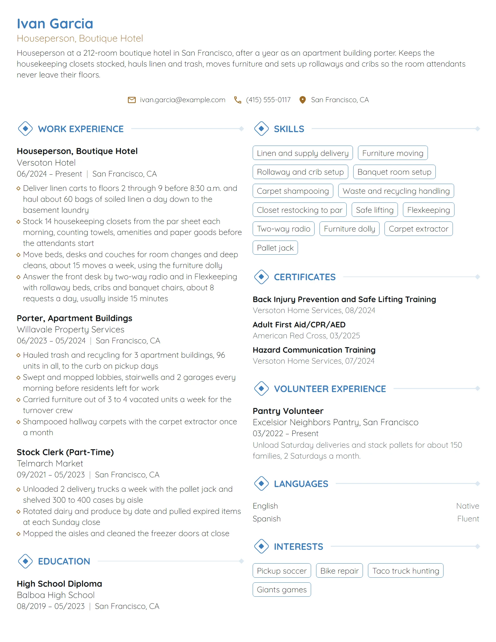 Houseperson resume example