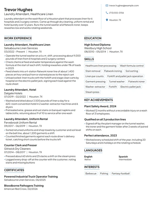 Laundry Attendant resume example