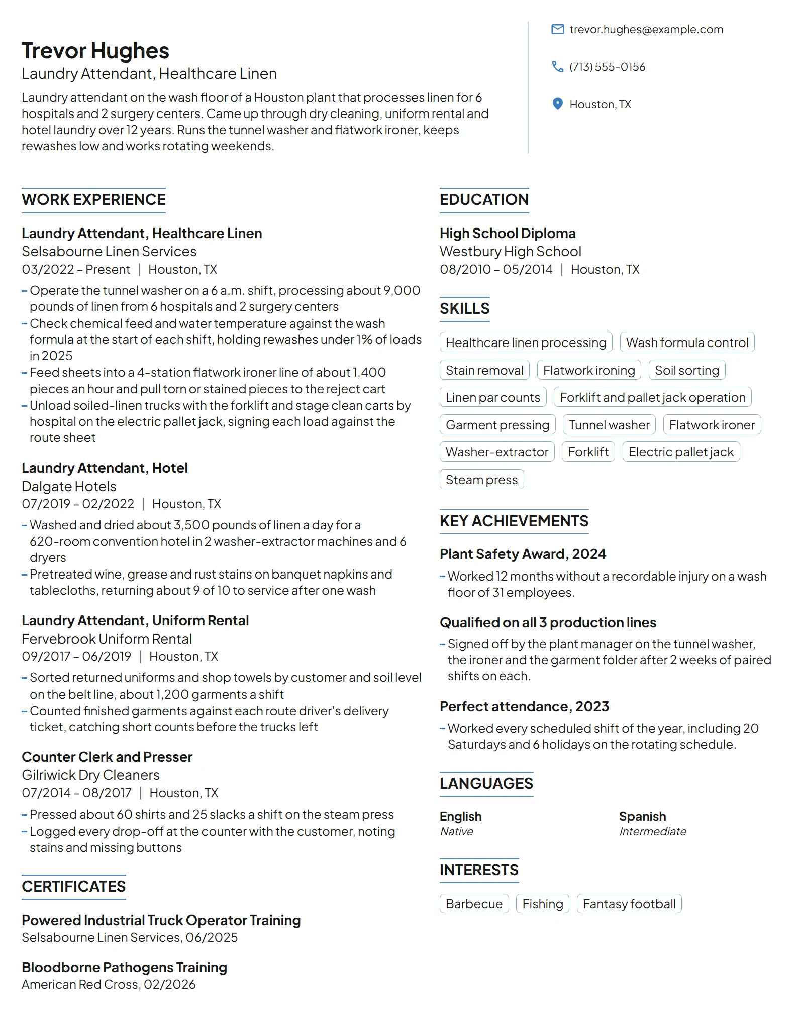 Laundry Attendant resume example