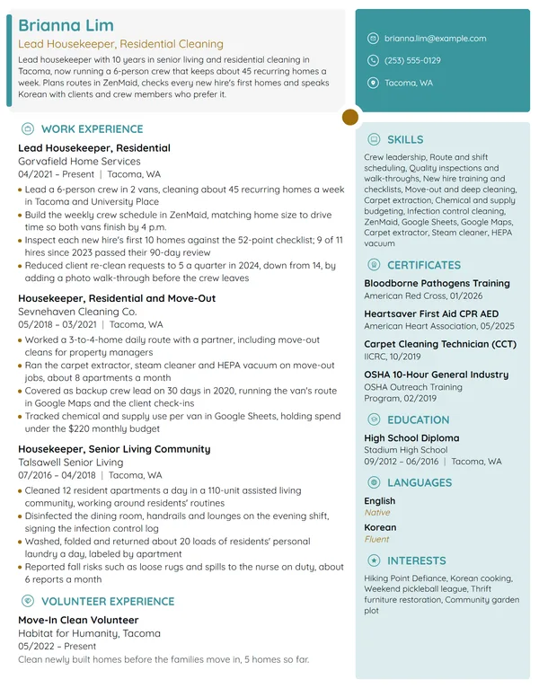 Lead Housekeeper resume example
