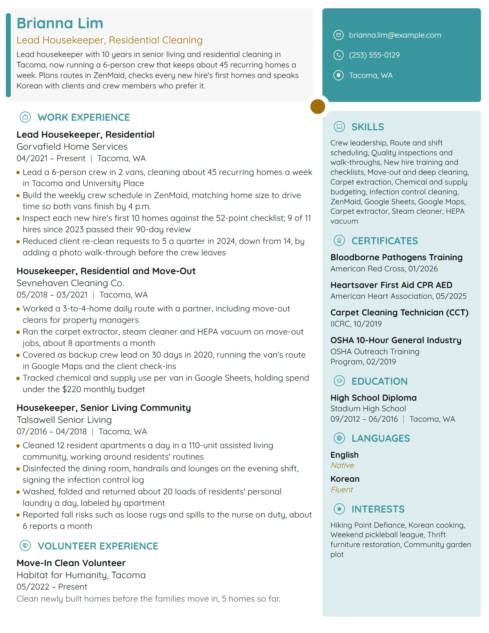 Lead Housekeeper resume example