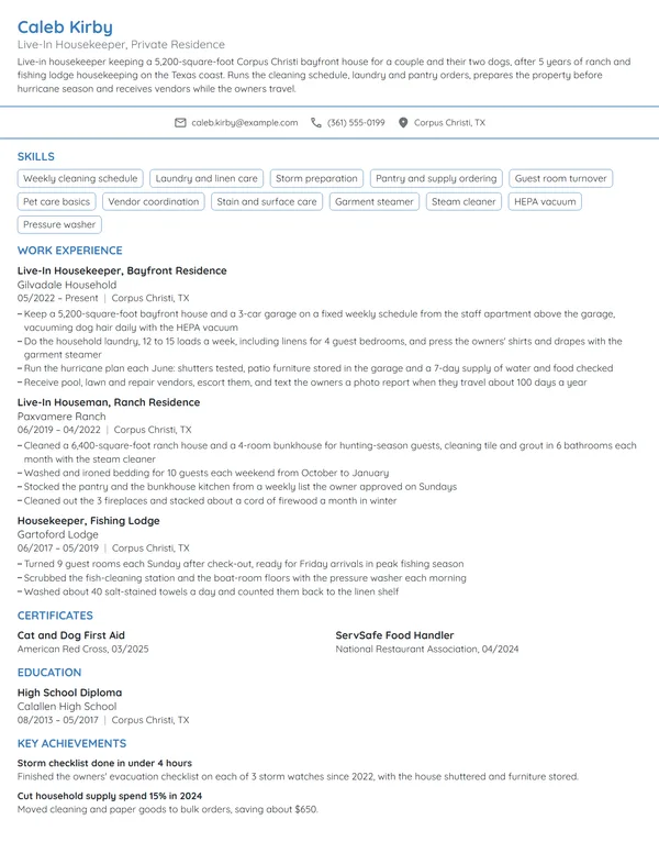 Live-In Housekeeper resume example