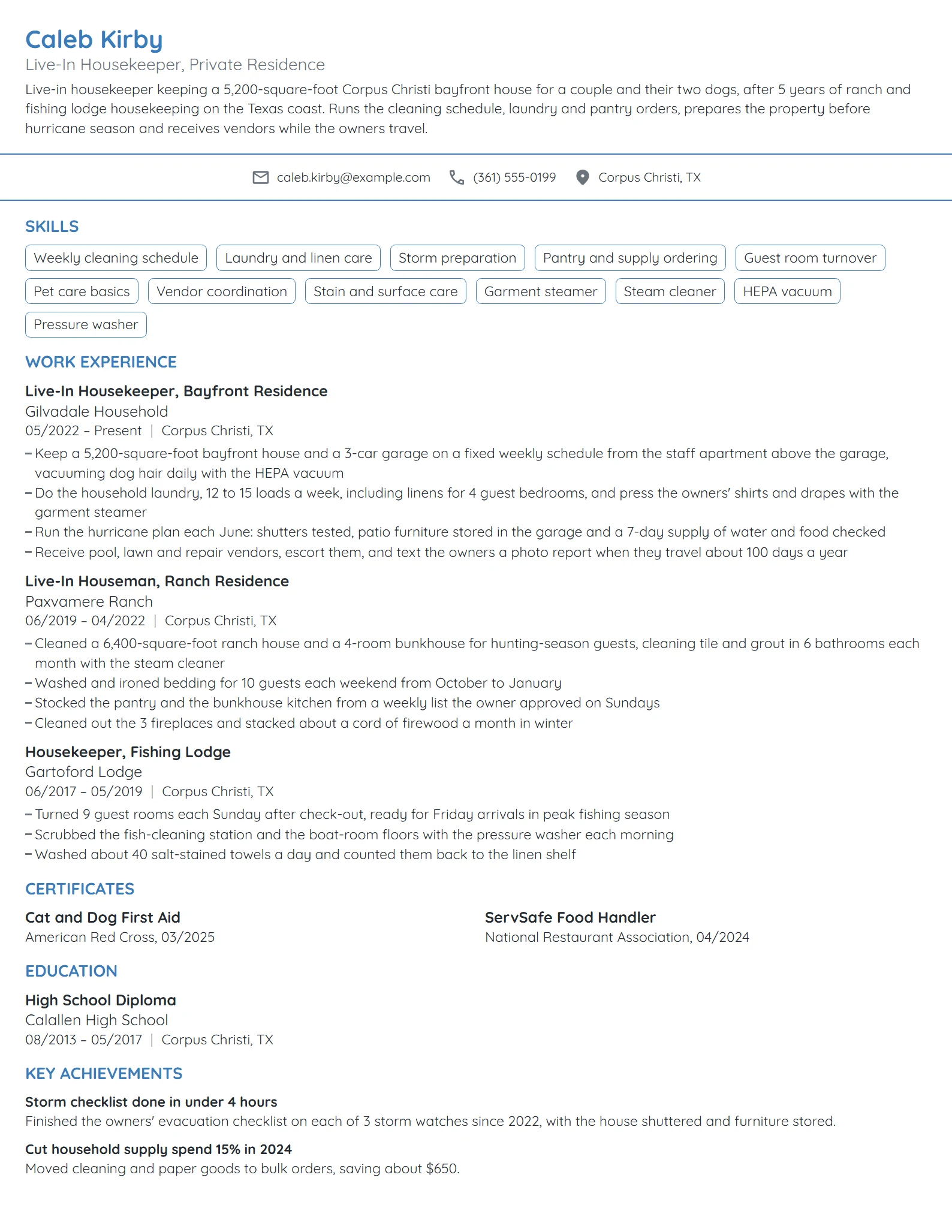 Live-In Housekeeper resume example