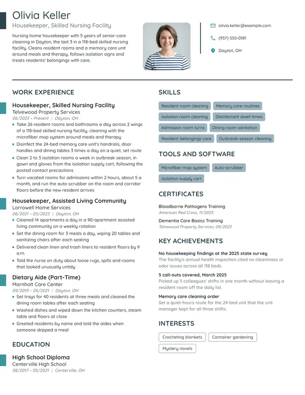 Nursing Home Housekeeper resume example