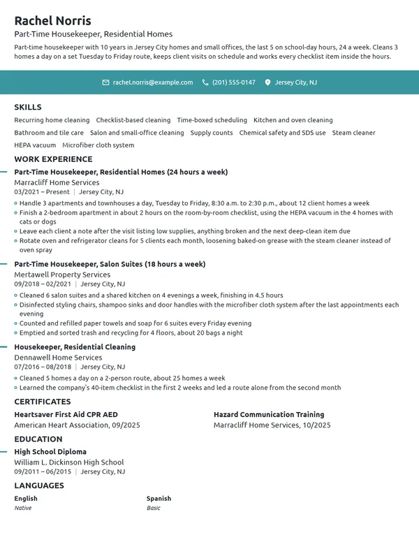 Part-Time Housekeeper resume example