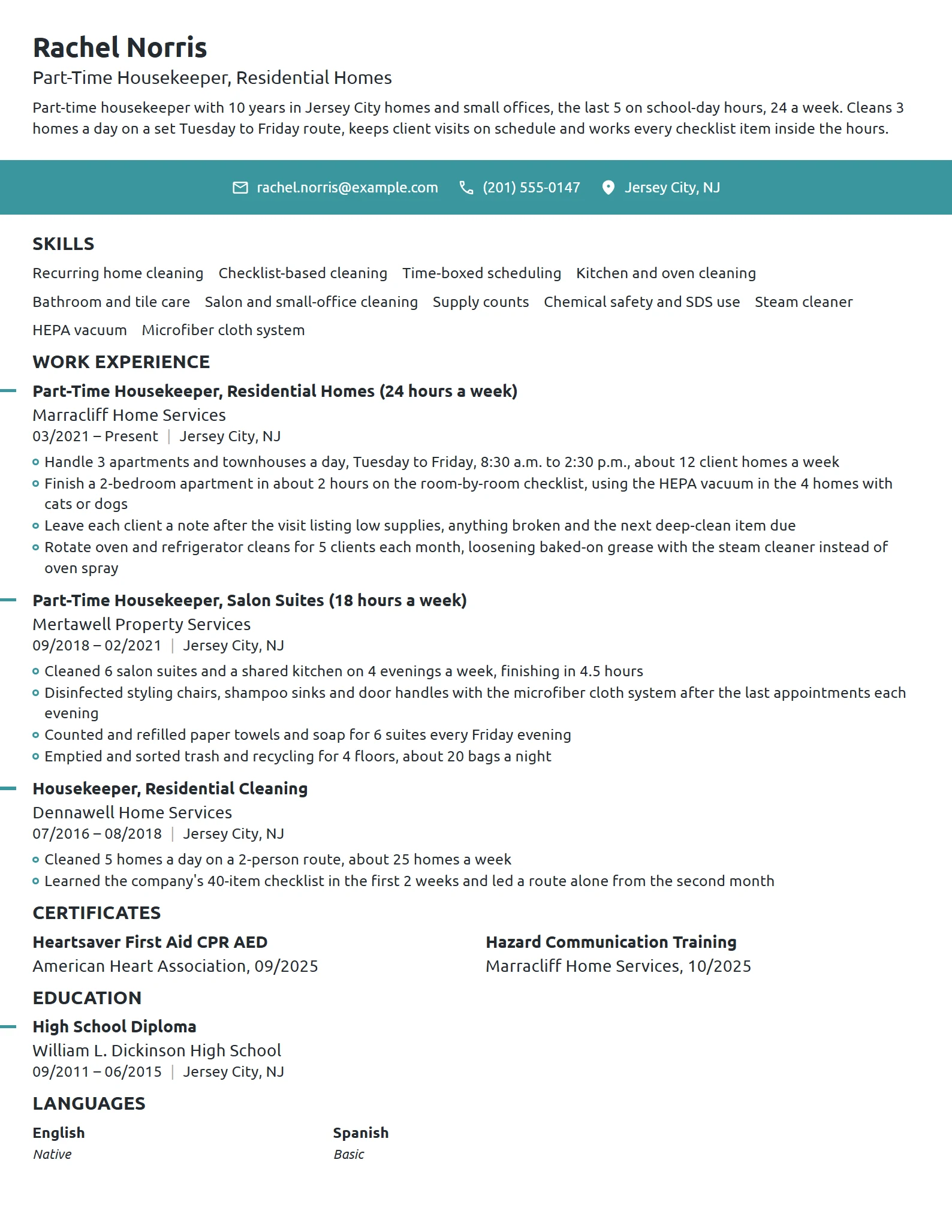 Part-Time Housekeeper resume example