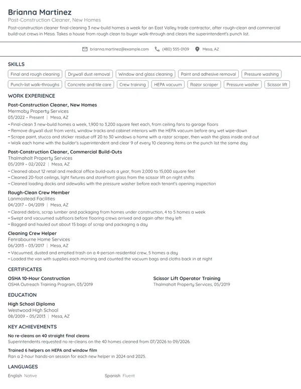 Post-Construction Cleaner resume example
