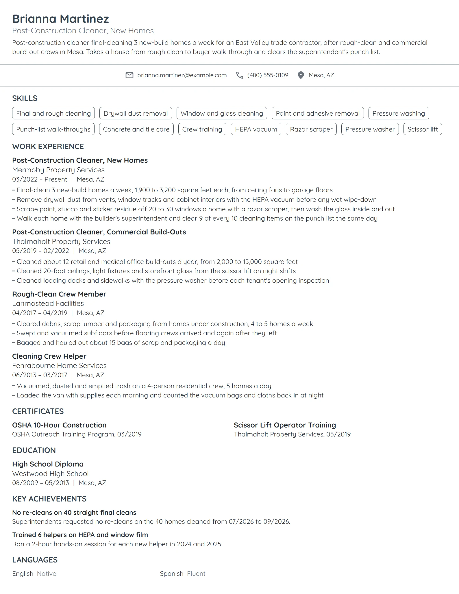 Post-Construction Cleaner resume example