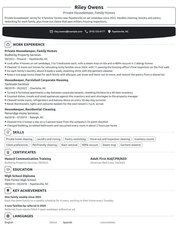 Private Housekeeper resume example