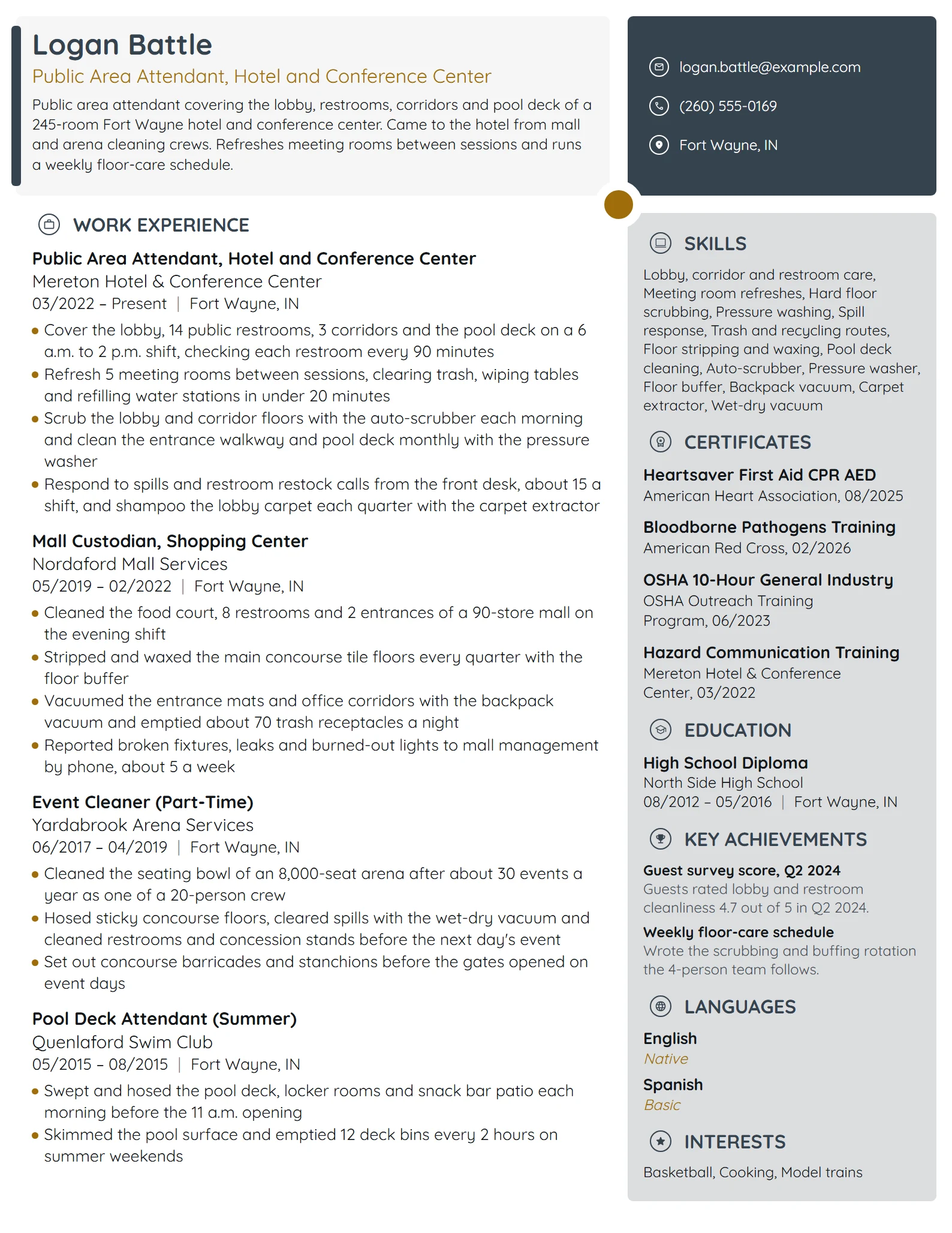 Public Area Attendant resume example