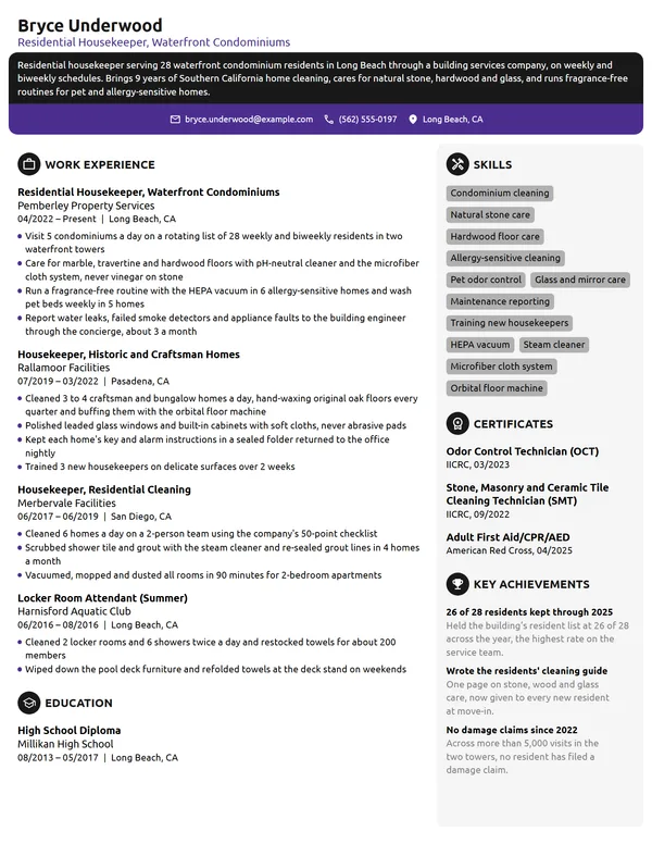 Residential Housekeeper resume example