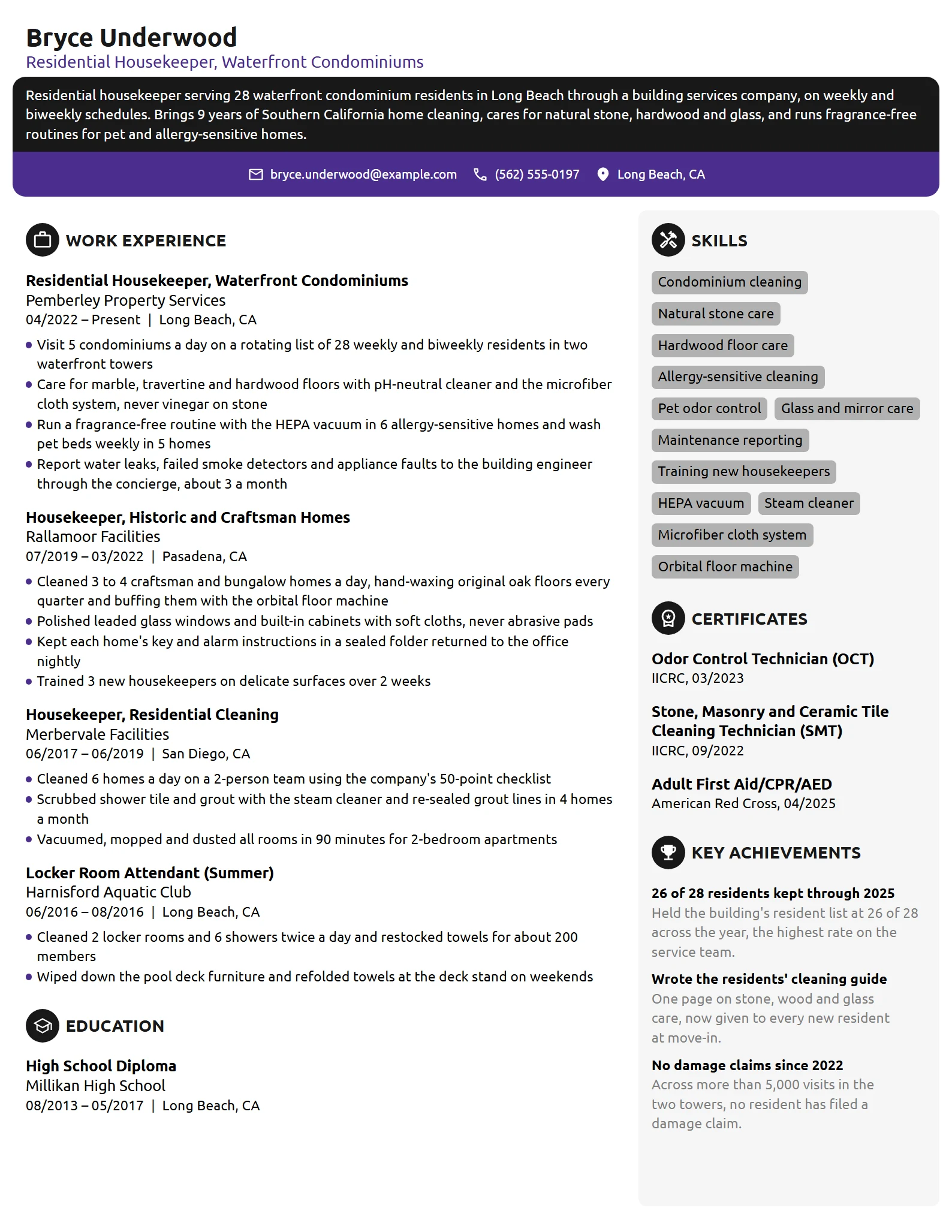 Residential Housekeeper resume example